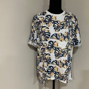 *FREE PLANET* White x Blue Leaf Print Organic Initiative Short Sleeve Top Sz XL